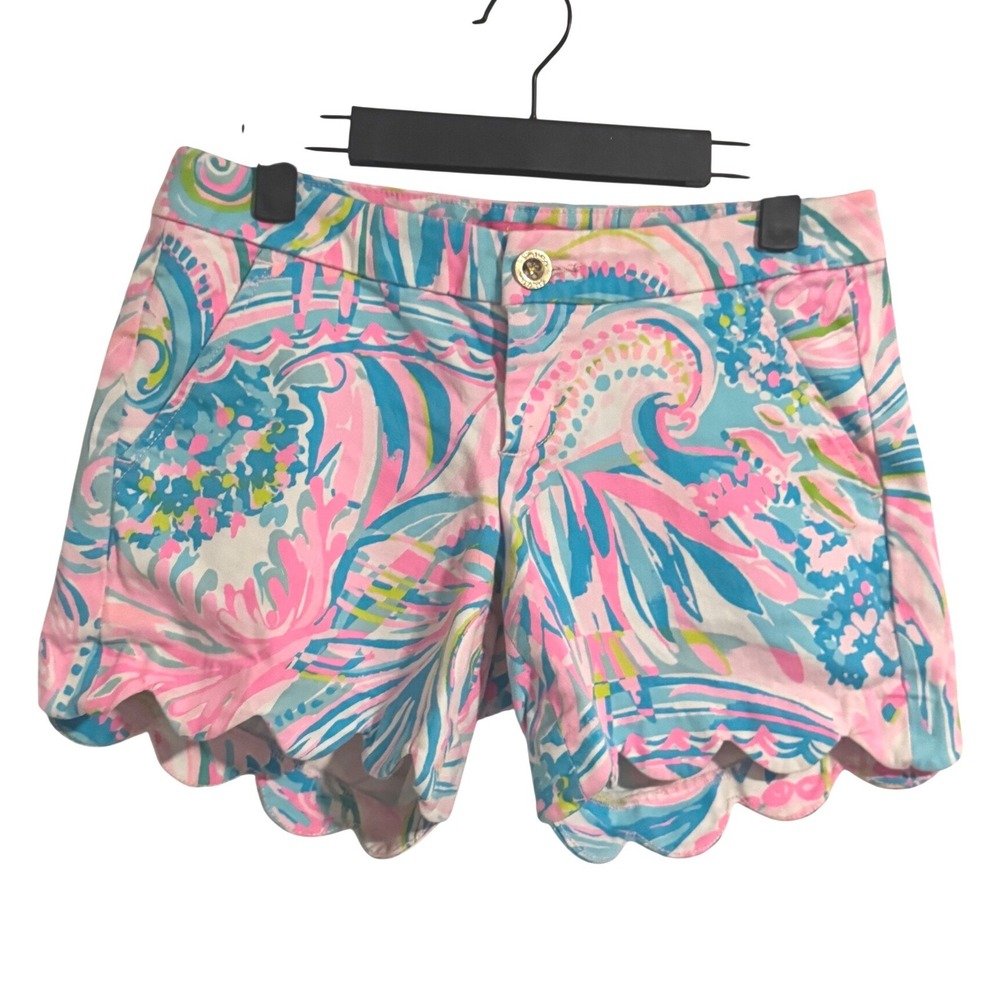 Lilly Pulitzer Buttercup Scallop Hem Shorts Pink Blue Paisley Floral Size 0